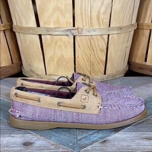 Sperry A/O 2-Eye Fleck Purple Canvas Tan Leather Loafer Boat Shoes Womens Size 7